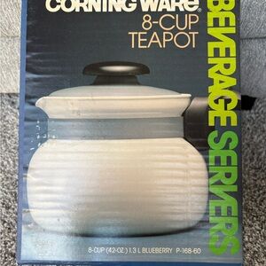 Vintage Corning Ware Teapot 8 Cup White w/ Metal Lid And Band P-168-60 Blueberry
